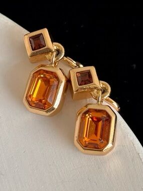 Vintage Christian Dior Mini Rectangular Orange Purple Dangle Gold Clip Earrings